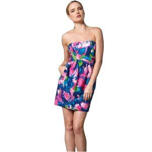 Shoshanna Strapless Mini Dress In Floral Watercolor Silk Blend Pink Blue Size 8